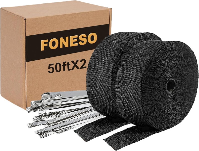Foneso Black Exhaust Heat Wrap, 2 Roll 2'' x 50' Exhaust Header Wrap Tape Fiberglass Heat Shield Tape with 24pcs Stainless Steel Ties for Motorcycle Car Truck - Image 1